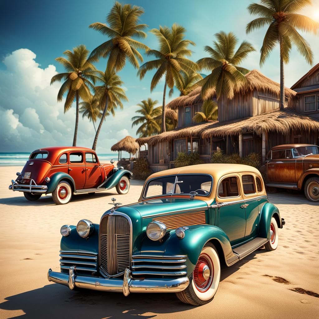 Hyperrealistic Beach Bum with Antique Car