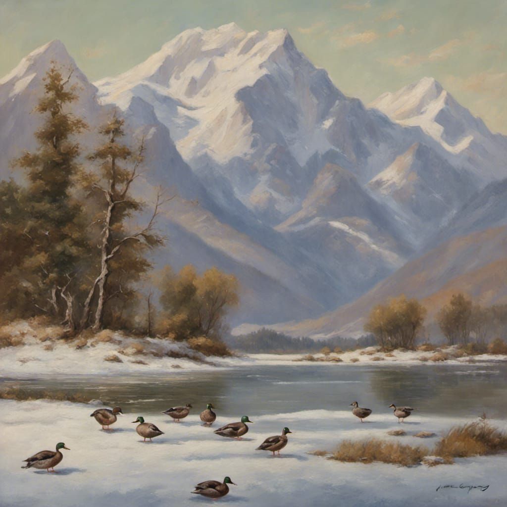 Mallard Ducks on Lake with Mountains, Oil Painting