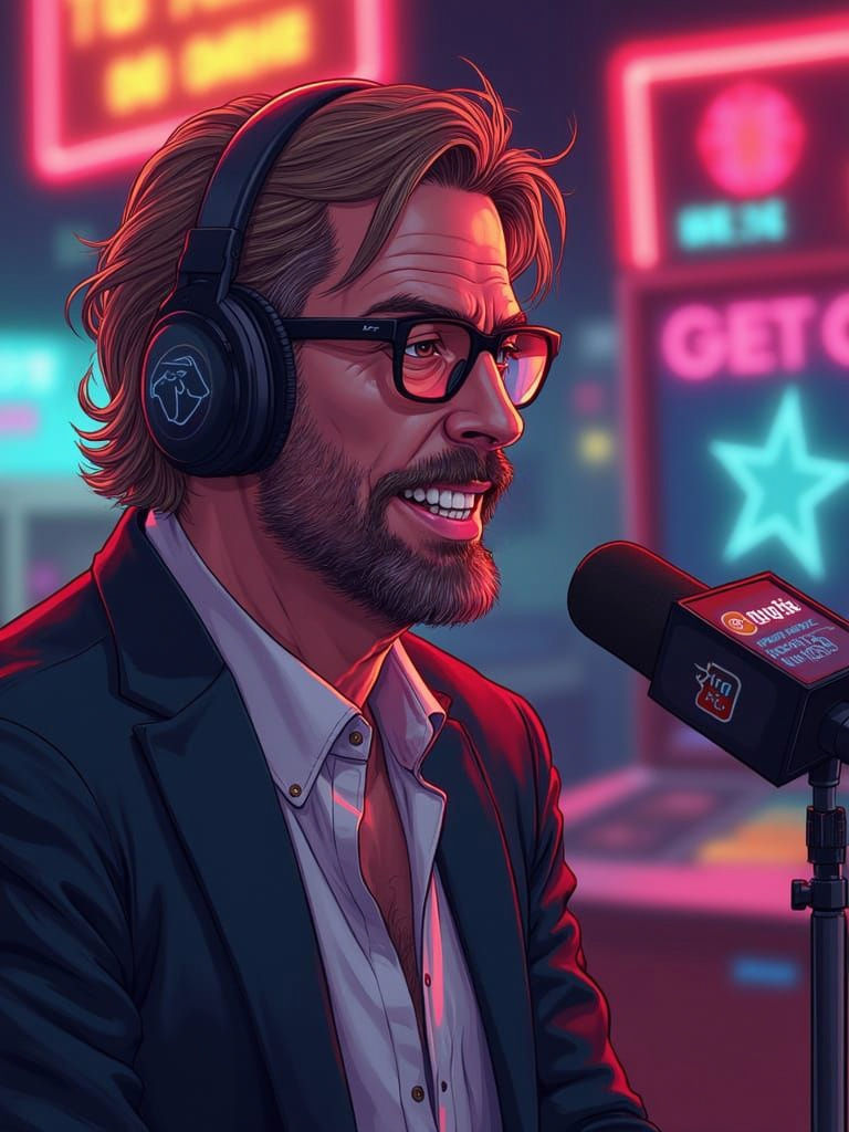 Vintage Sports Announcer in Neon Noir