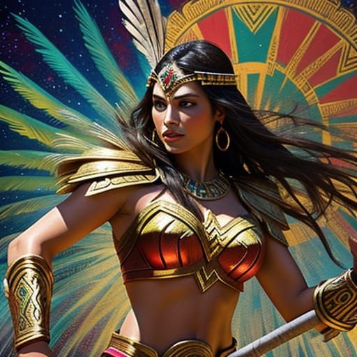 Wonder Woman as Aztec Warrior in Vibrant Mural Style