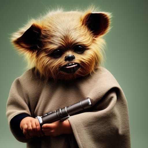 Photograph Portrait of an Ewok Jedi holding a lightsaber