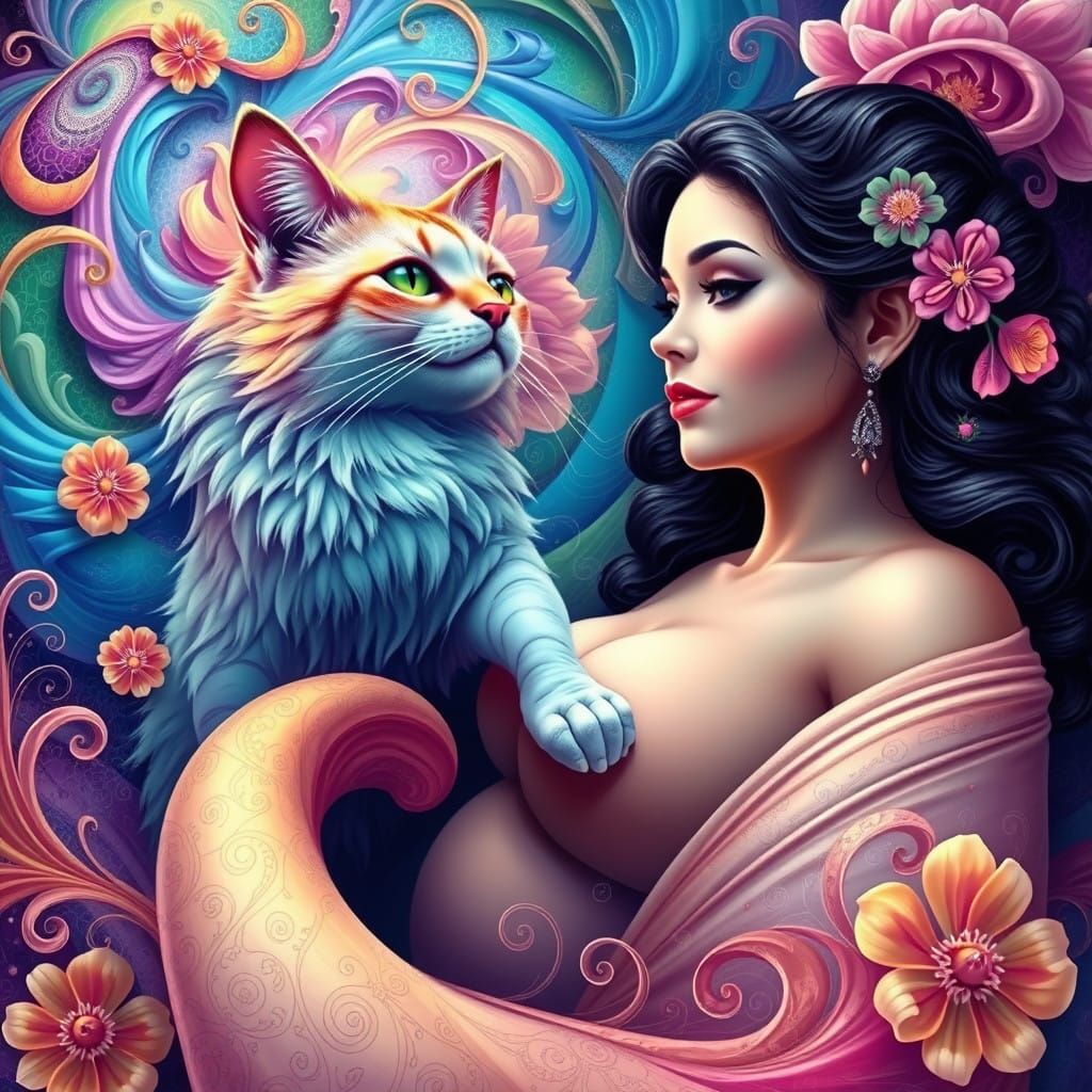 Ethereal Cat Watches Over Whimsical Floral Dance