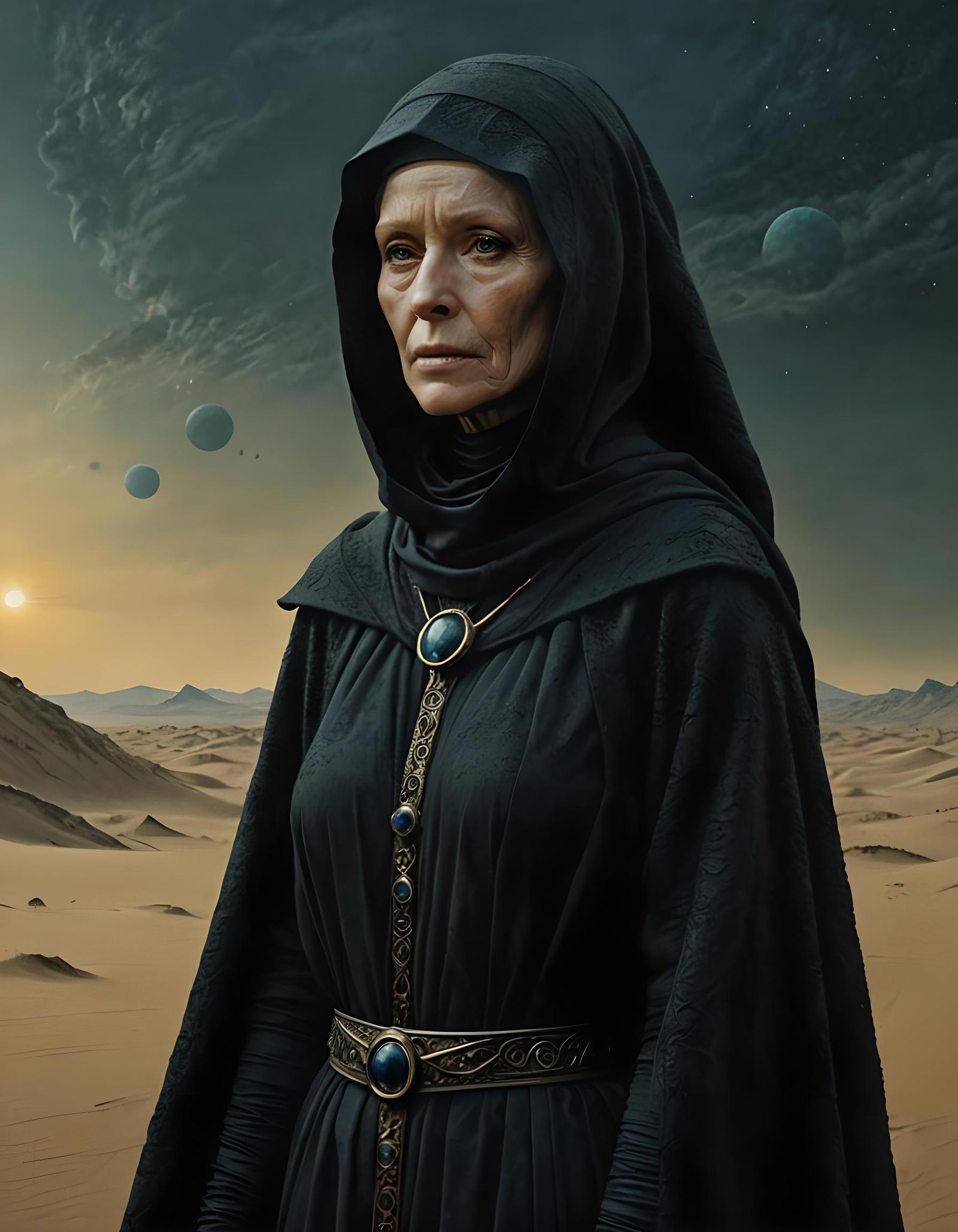 A Bene Gesserit Reverend Mother in black robes from Dune.