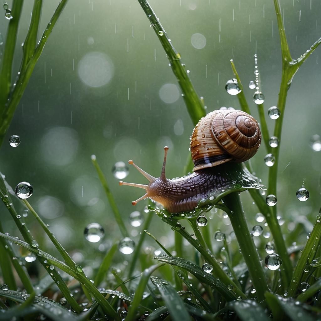 Hyper-Realistic Snail on Dewy Grass Blade