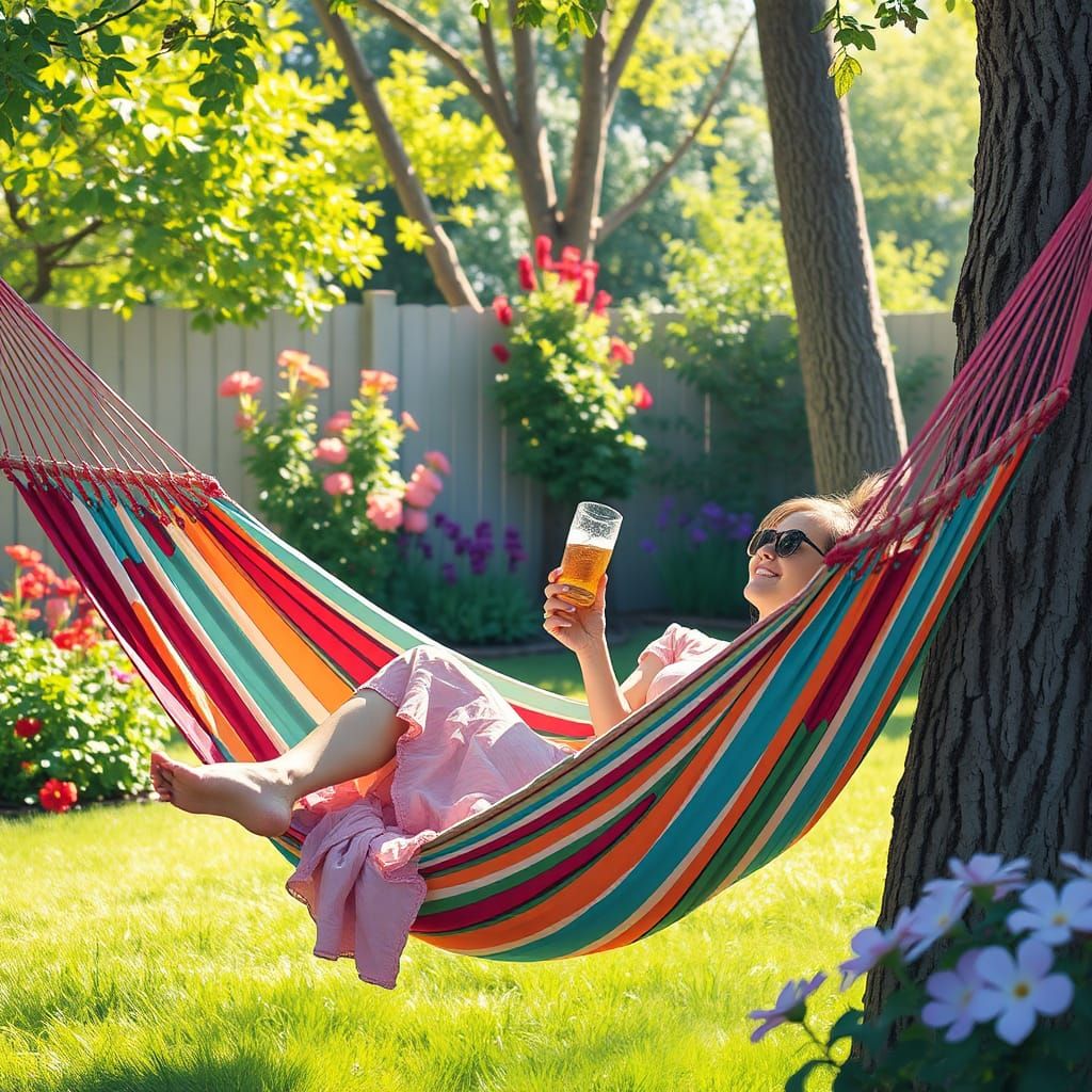 Woman in Hammock: Impressionist Backyard Scene