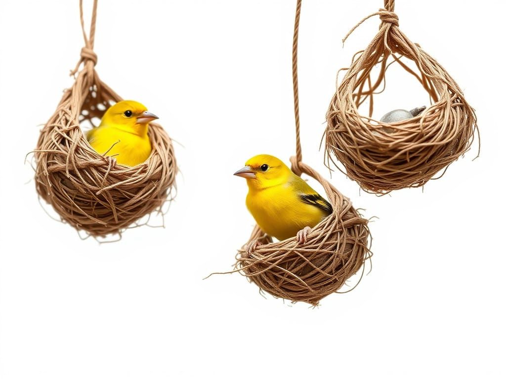 Vibrant Yellow Finches in Whimsical Hanging Nests