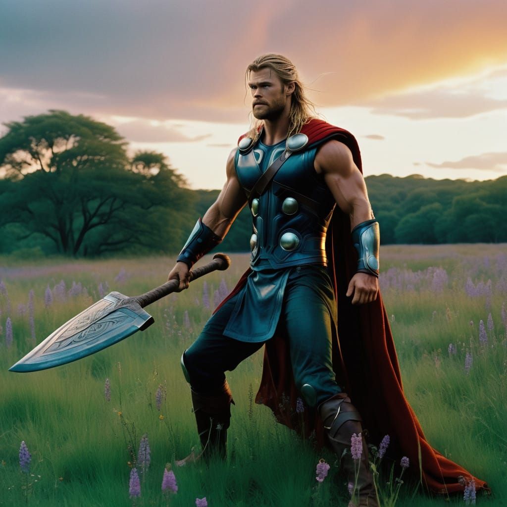 Muscular Viking Warrior in Vibrant Sunset