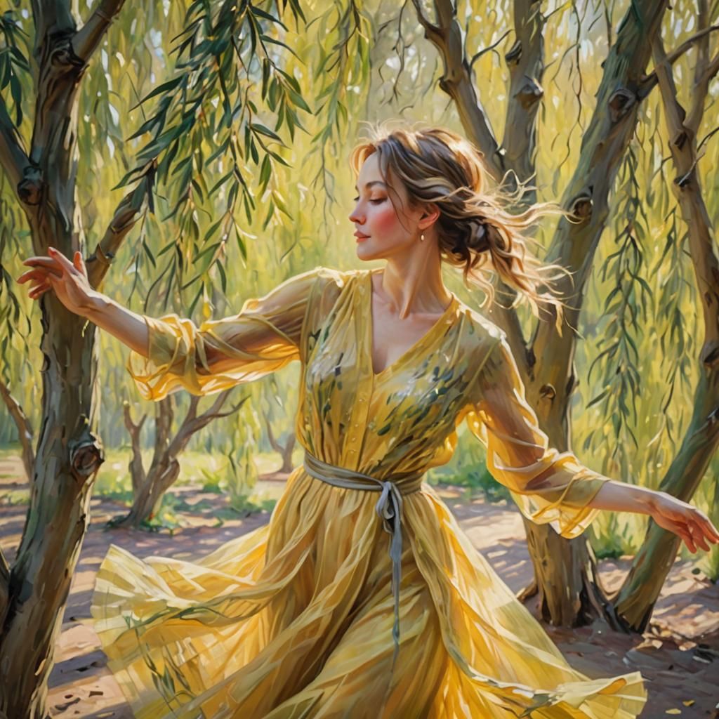 Woman Dancing in Impressionistic Willow Tree Grove