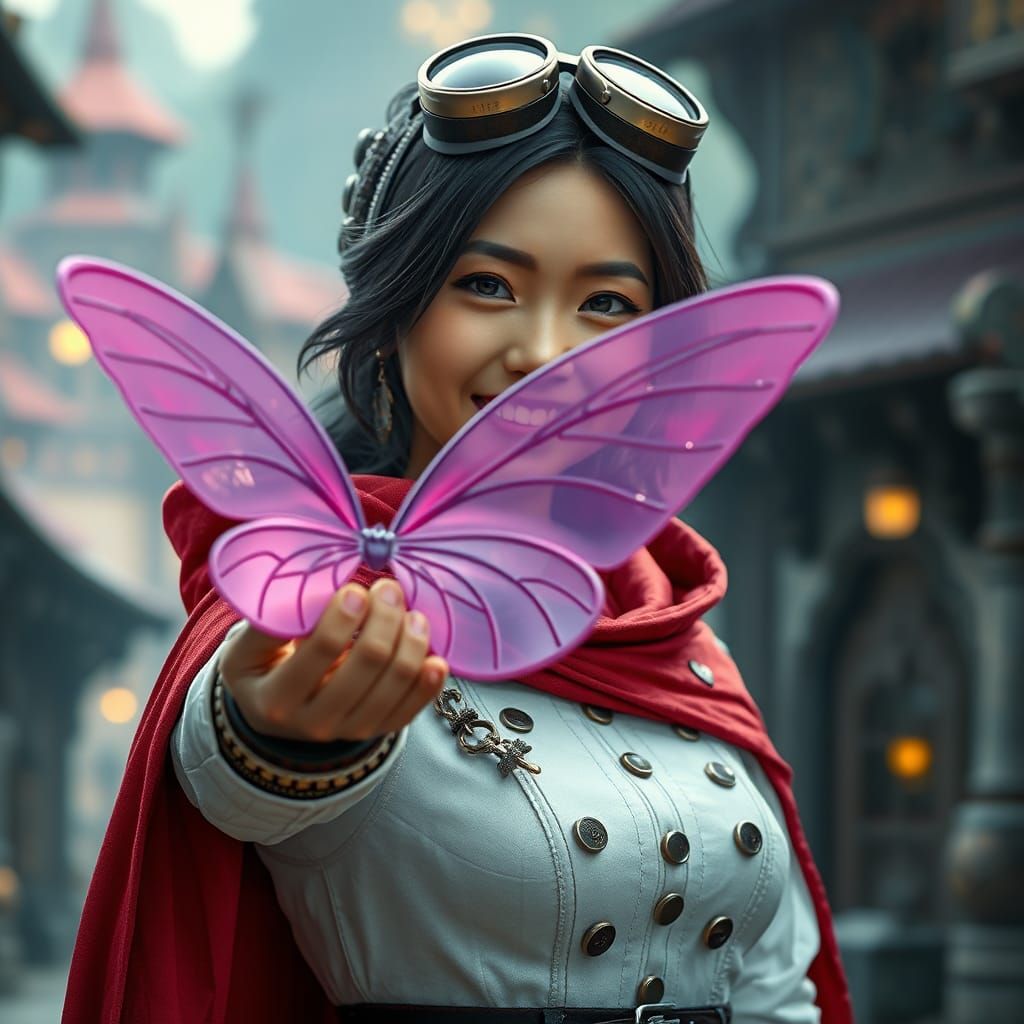 Steampunk Woman with Butterfly Wing in Fantasy Town