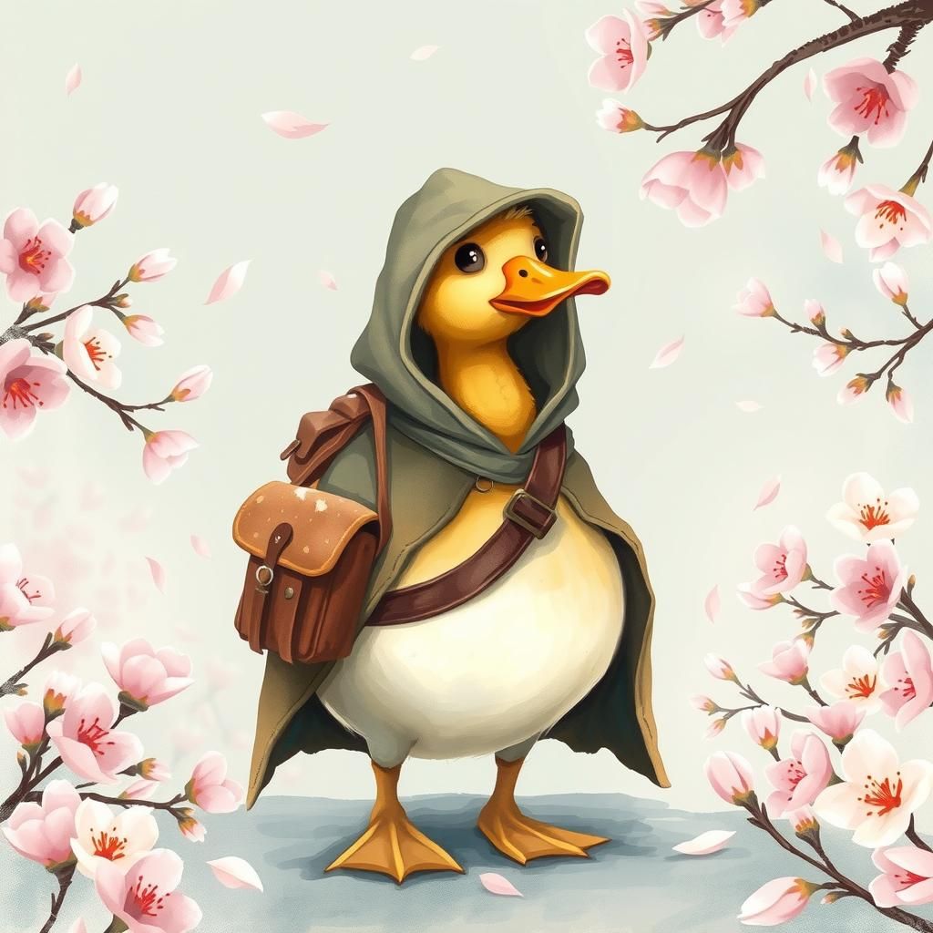 Adventure Duck with Fanny Pack in Cherry Blossom Garden