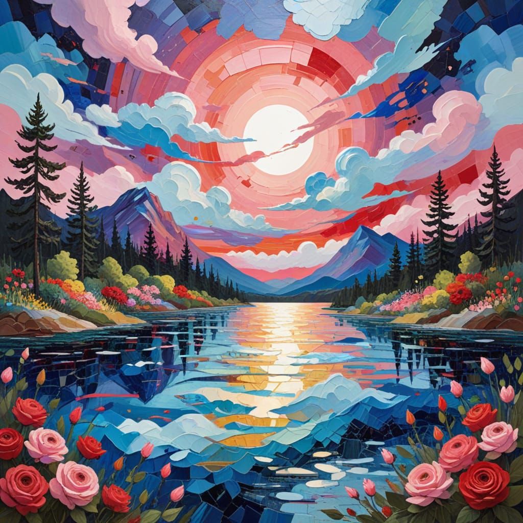 Expressive Lake Scene with Vibrant Roses and Textured Sky