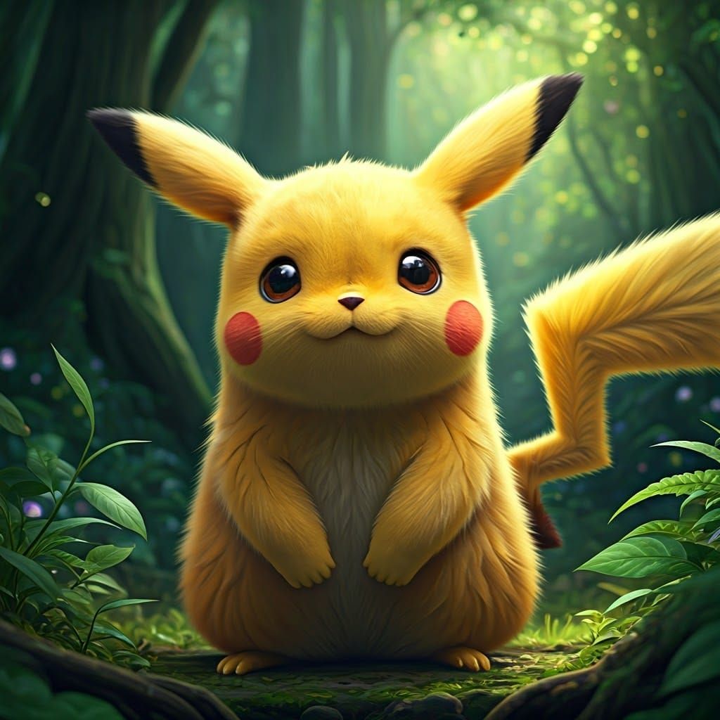 Whimsical Pikachu in Lush Forest Landscape