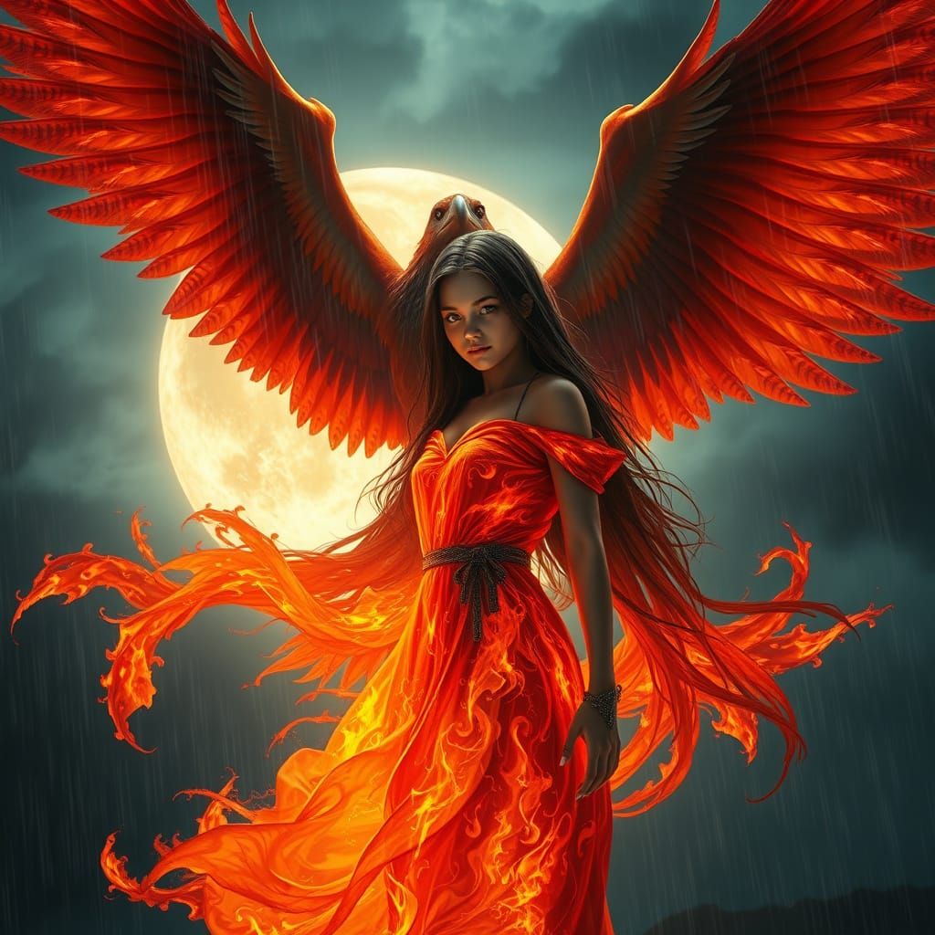 Phoenix Girl in Fiery Dress Under Moonlight
