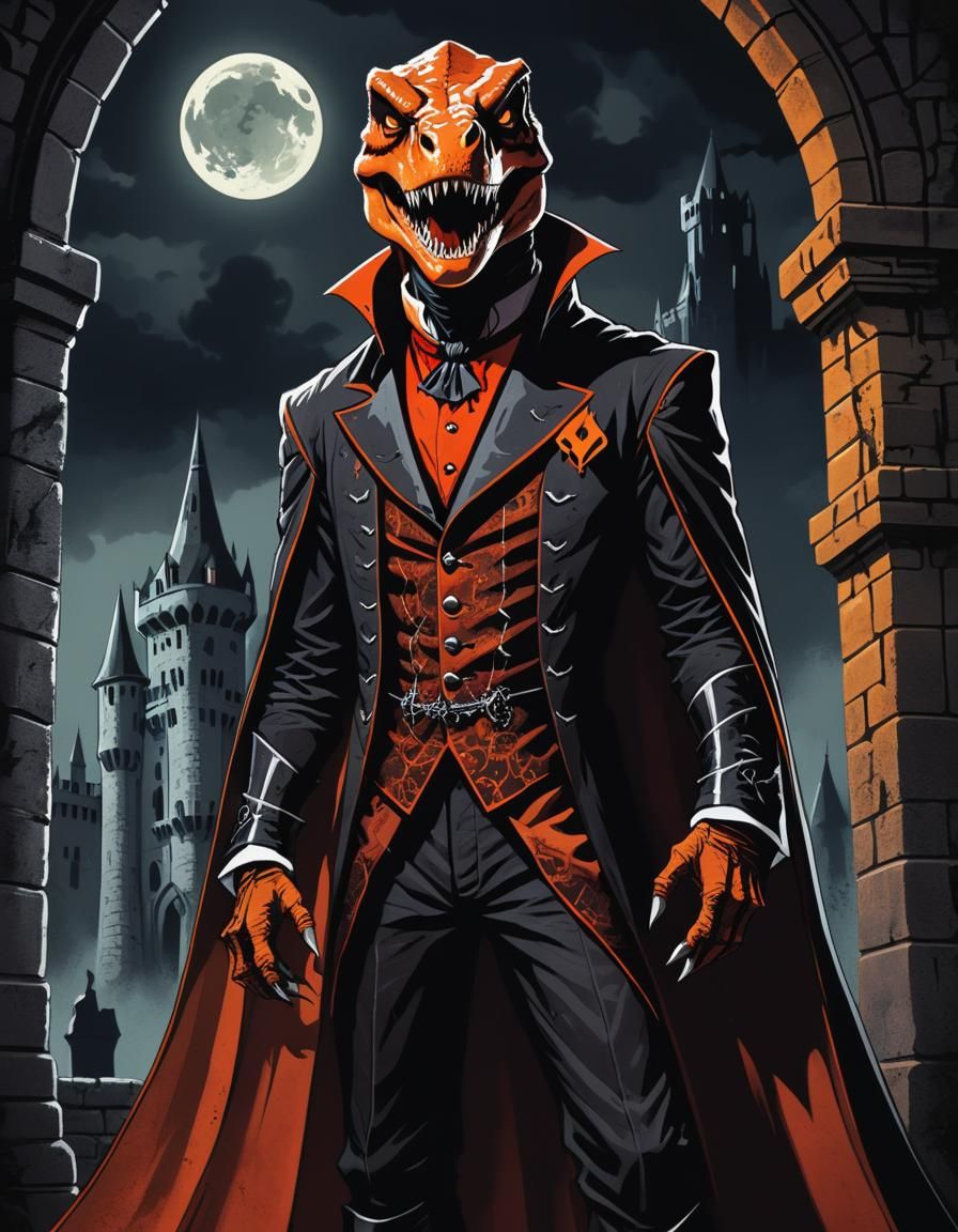 Gothic T-Rex Vampire in Dracula Outfit