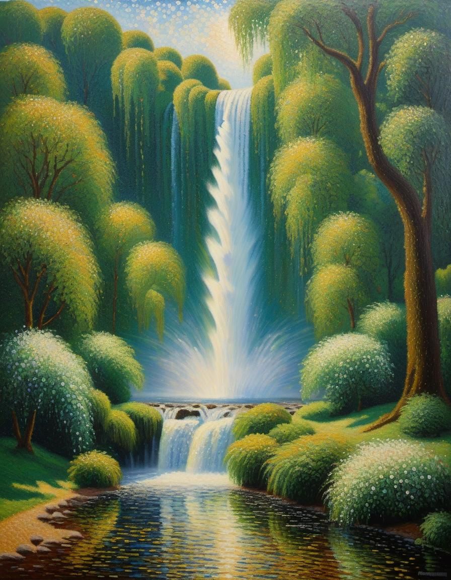 Pointillism painting of a waterfall