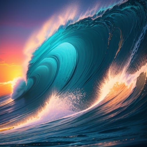 Surfing Competition at Sunset in Neon Fauvist Style