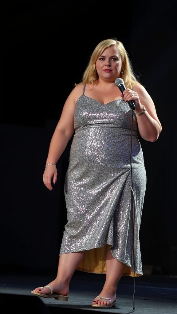 Plus Size Singer with Glittery Dress on Stage