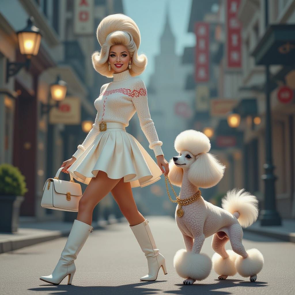 Glamorous 1960s Woman Walks Powder Puff Poodle