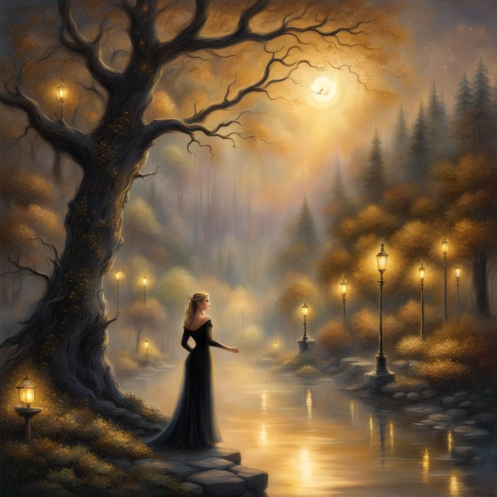 Magician in Forest With Moonlit River