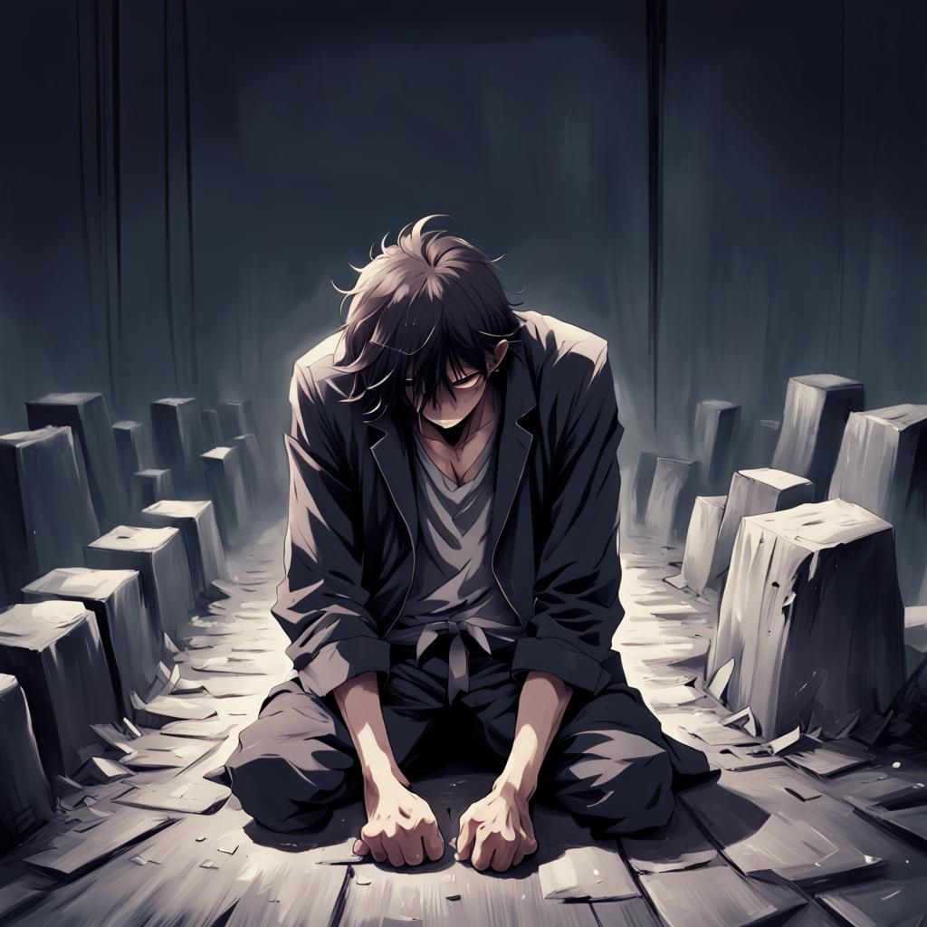 Despairing Man in Anime Key Visual Style