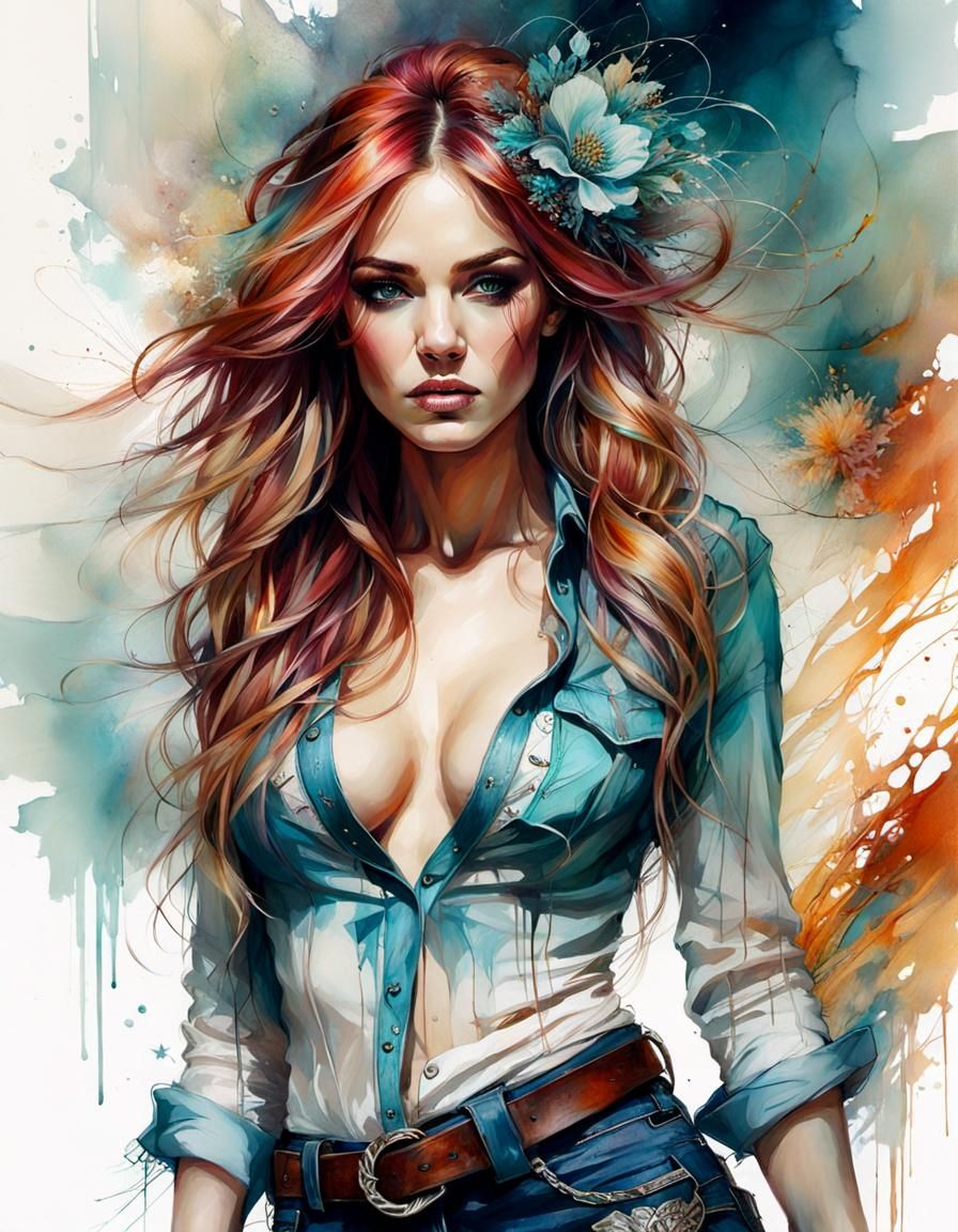 Beautiful Cowgirl Model Walk in Mixed Media Art