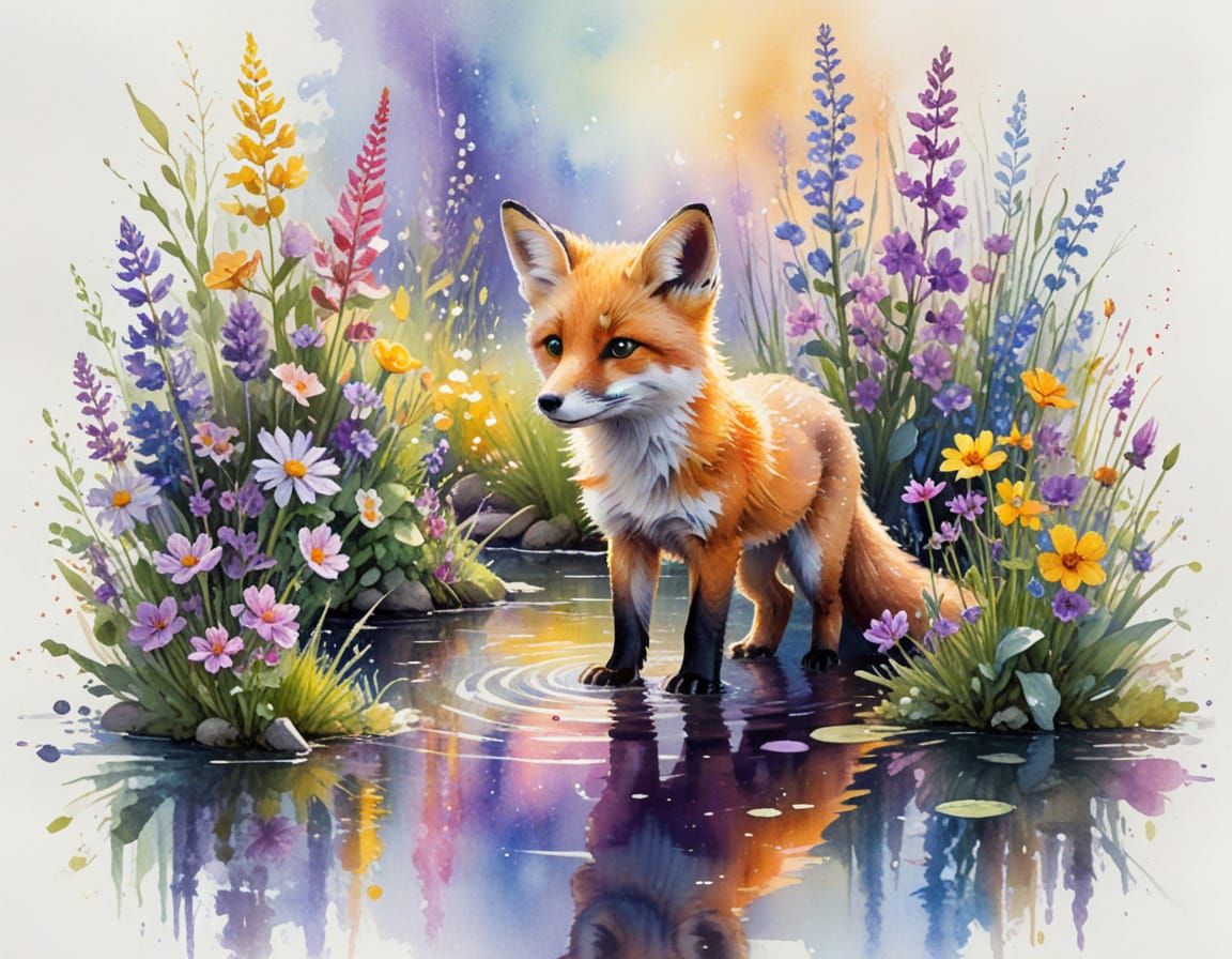 Baby Fox in Wildflower Pond Watercolor Painting