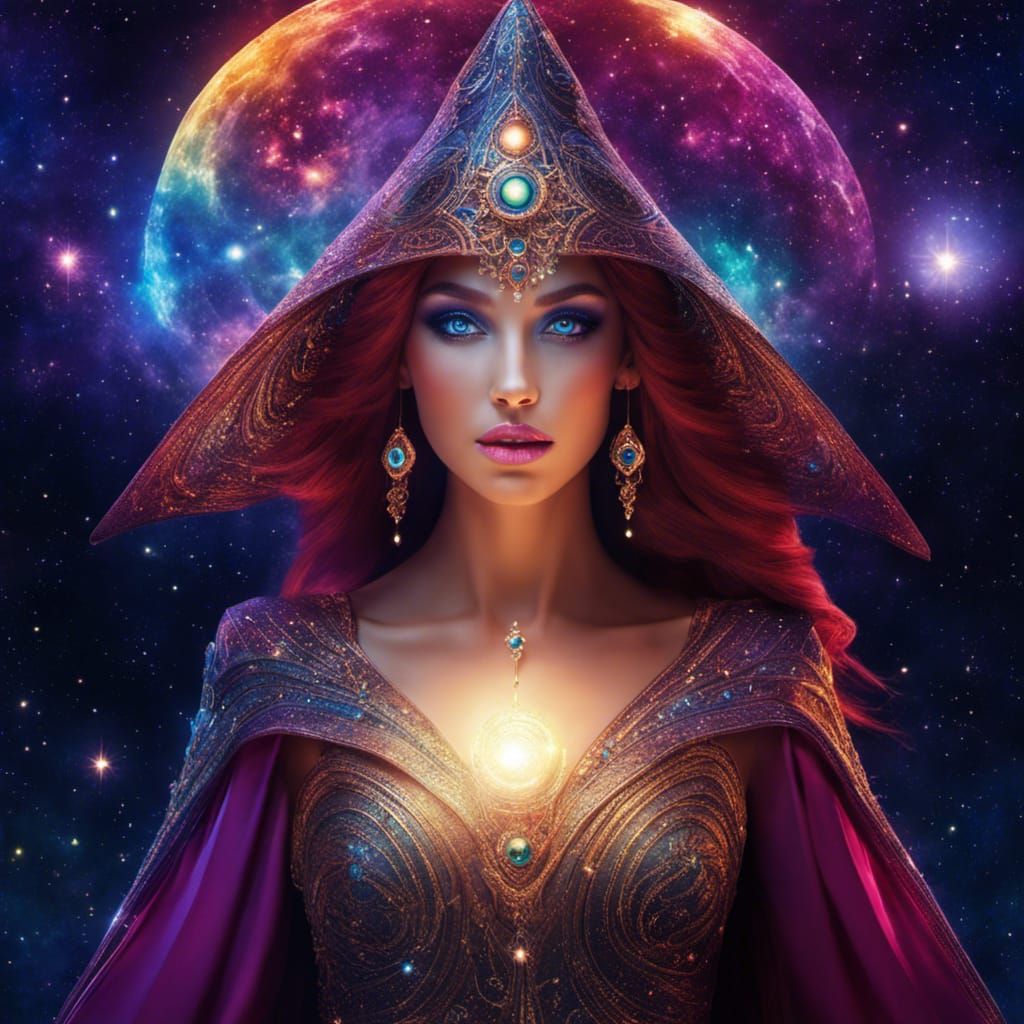 Alluring Space Witch with Cosmic Starry Background