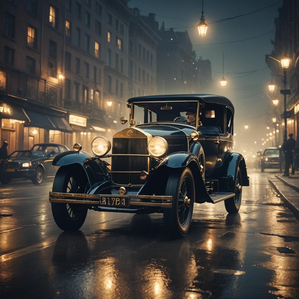 Gatsby Drives Vintage Car in Mystical Cityscape