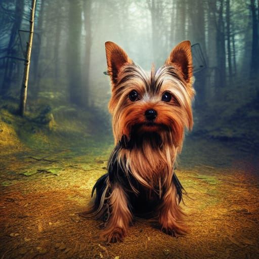 Steampunk Yorkshire Terrier in Dystopian Forest