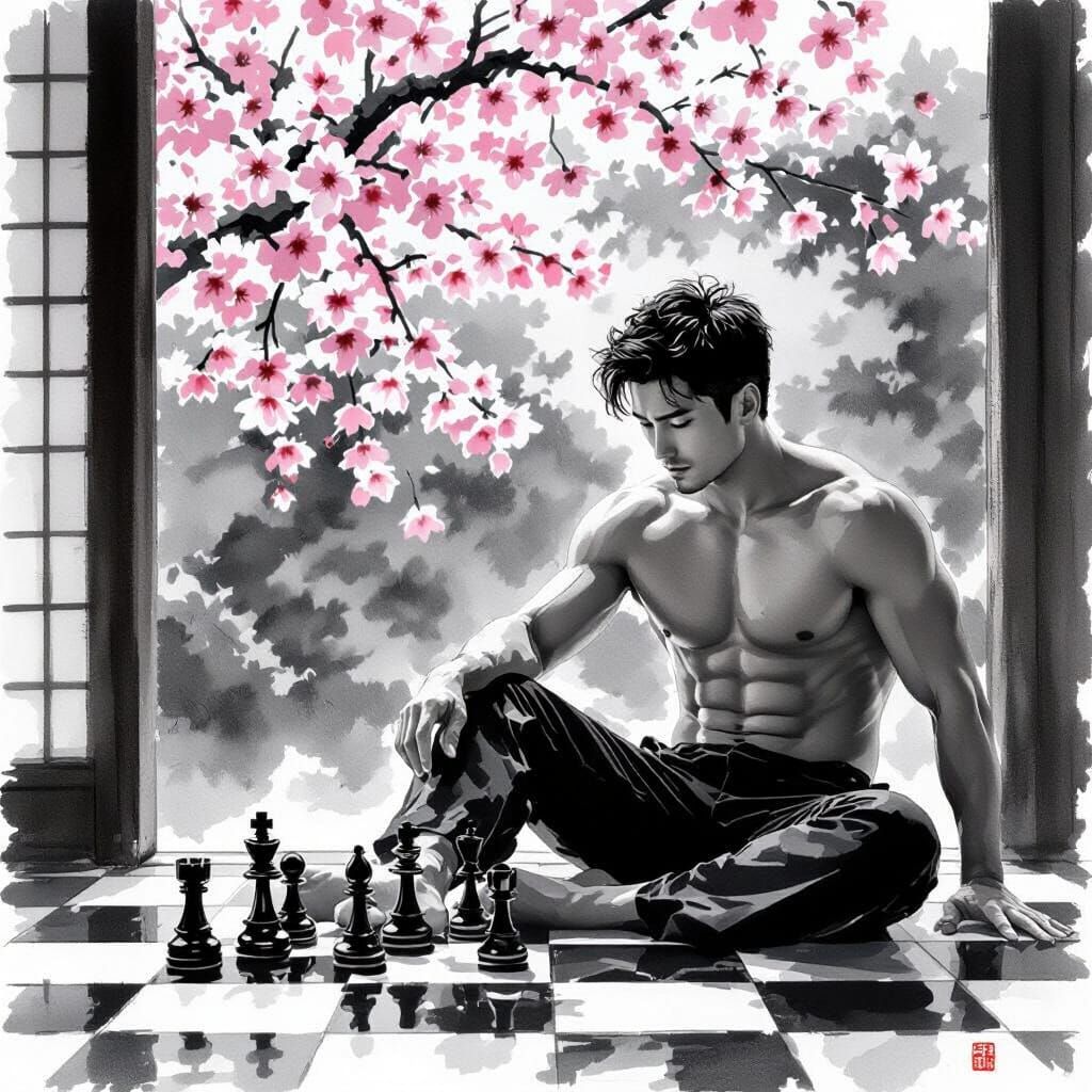 Minimalist Sumi-e Chess Game Under Sakura