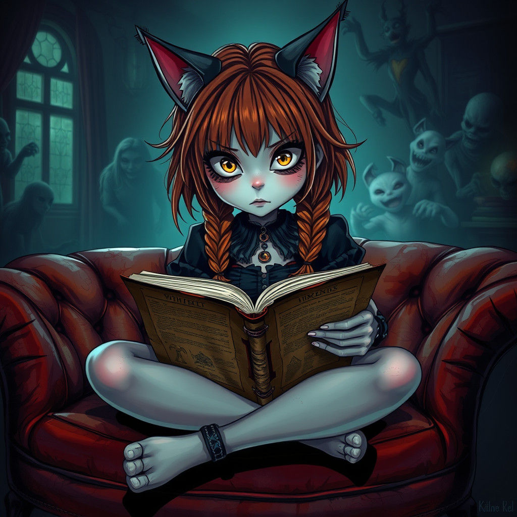 Eerie Girl with Cat Ears Reading a Book
