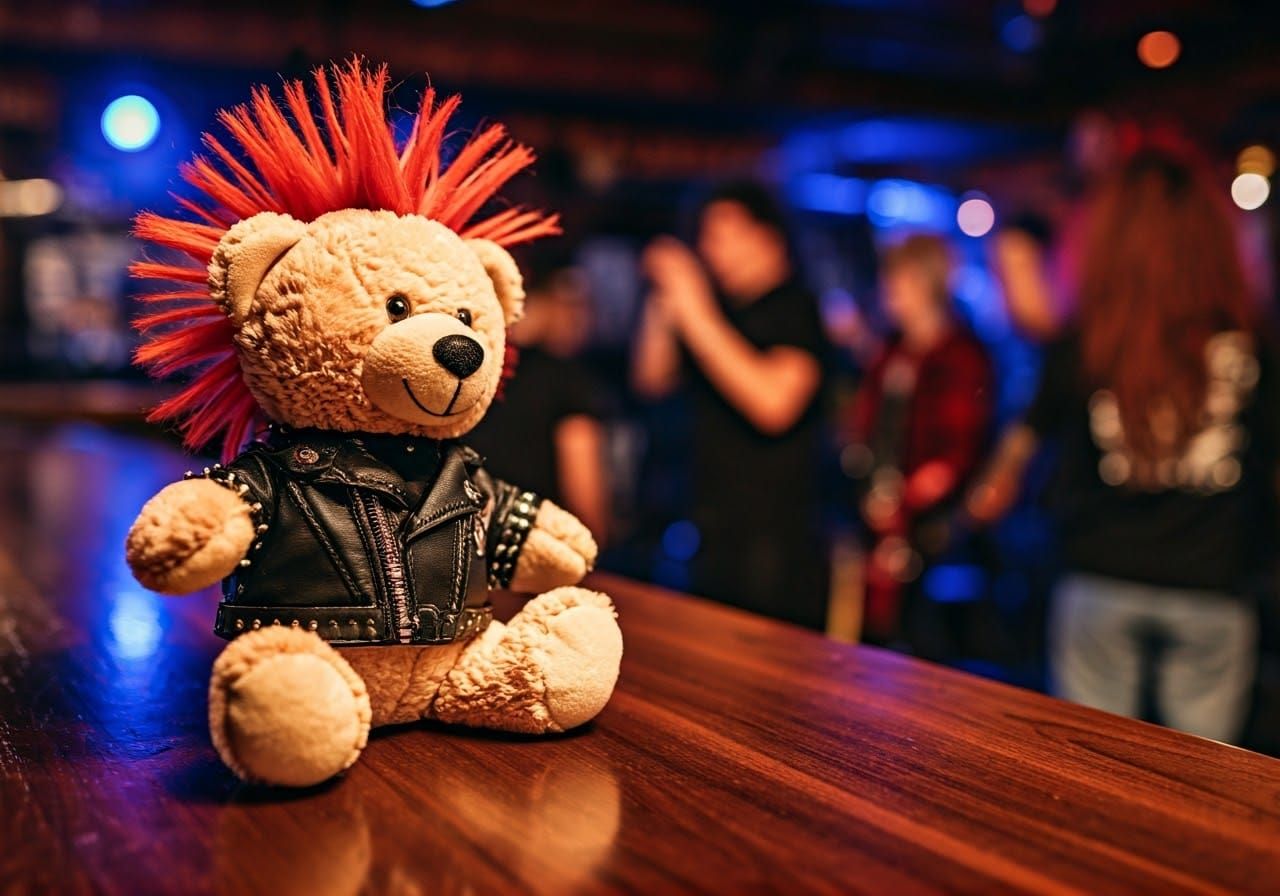 Punk Rock Teddy Bear at Dive Bar