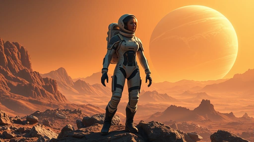 Heroic Astronaut Stands on Distant Planet's Rugged Terrain i...