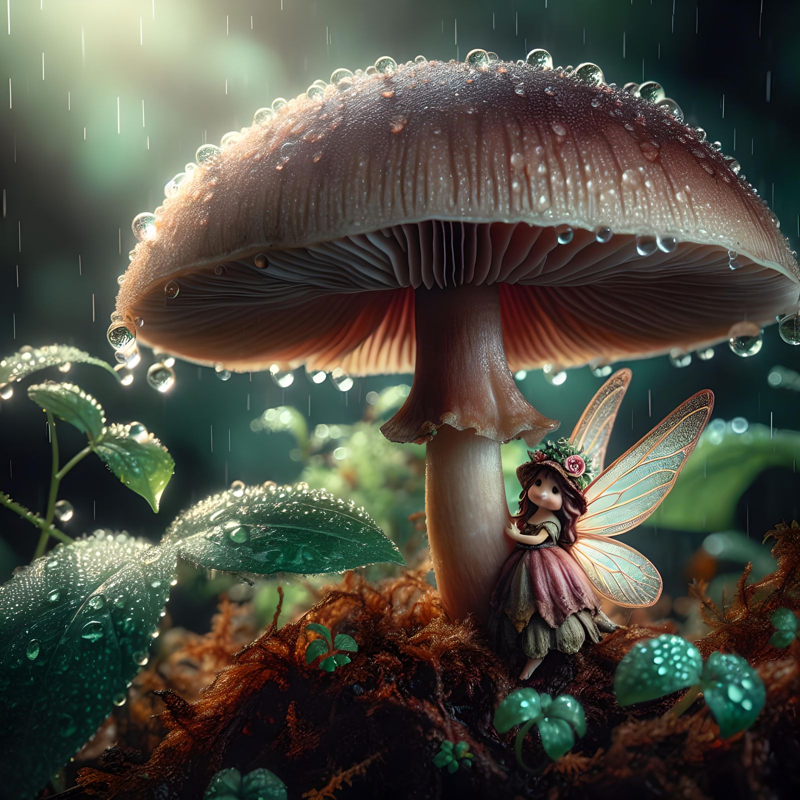Fairy Shelters Under Mushroom in Enchanted Forest