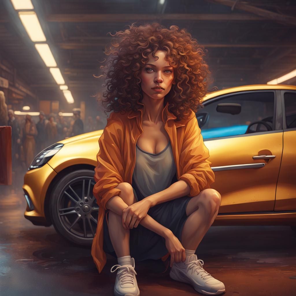 Girl with Curls on Renault Clio: Hyperdetailed Portrait