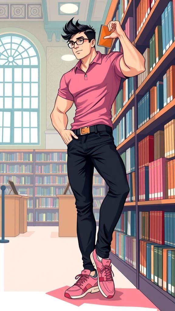 Muscular Librarian in New York: Stylized Illustration