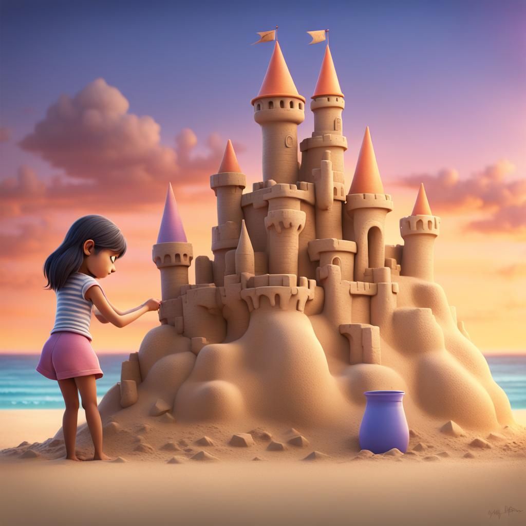 Girl Building Sandcastle: 3D Digital Art