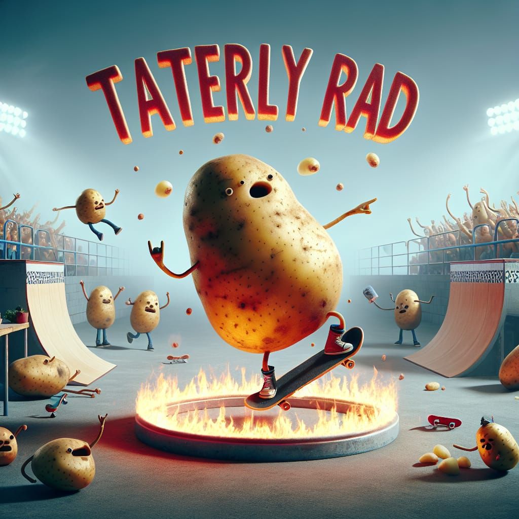 Rad Potato Skateboarder in Fiery Skatepark