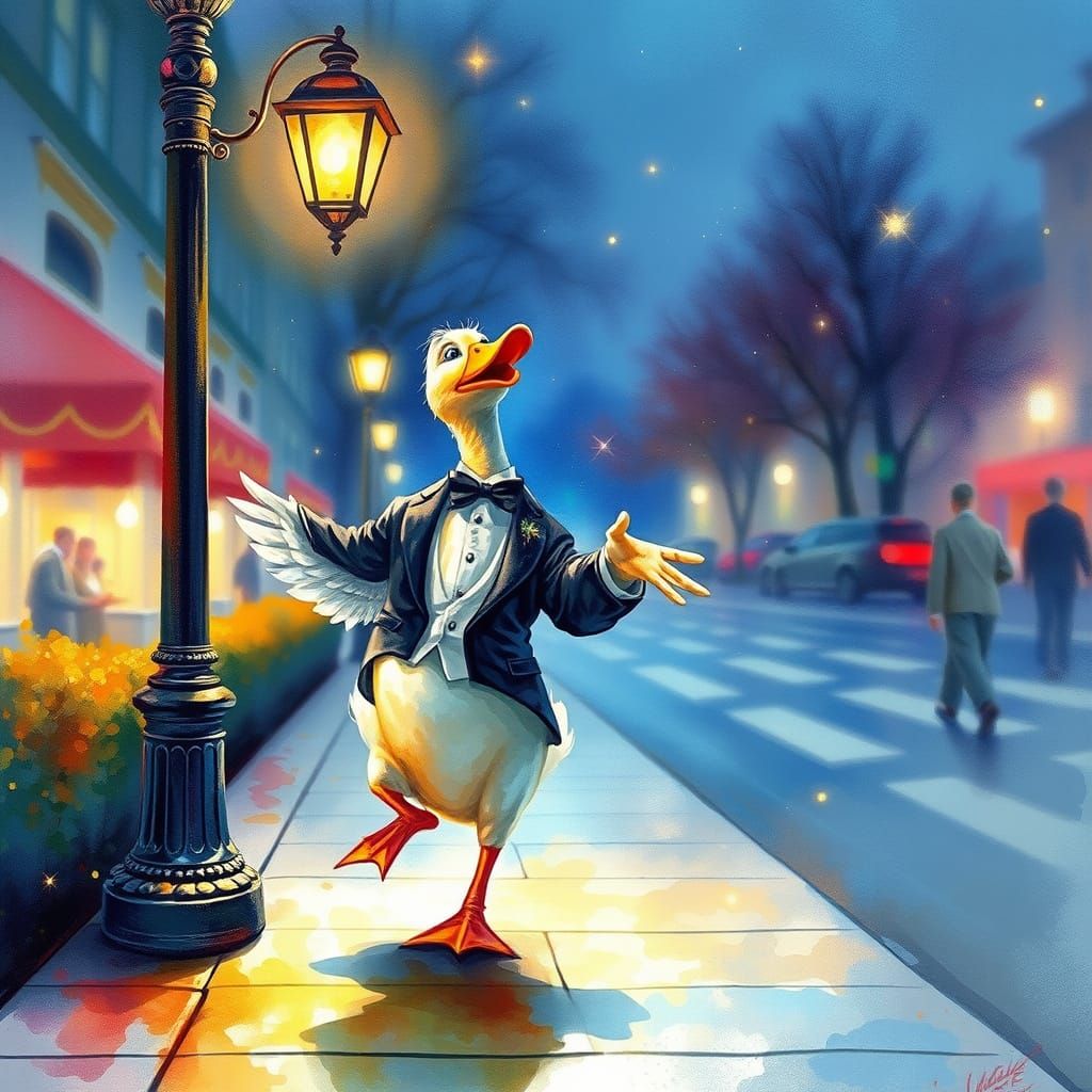 Duck Dances in Tuxedo: Watercolor Fantasy Art
