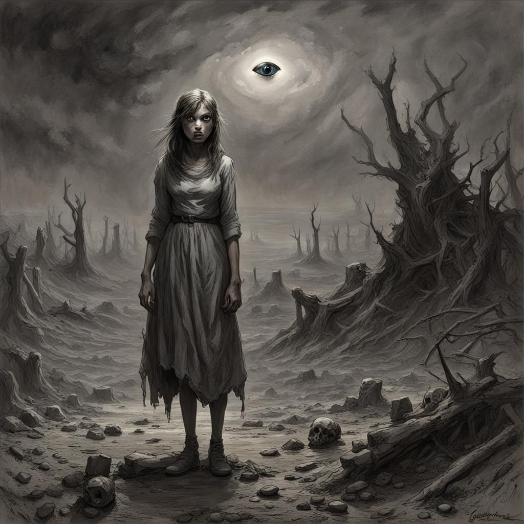 Eerie Girl in Hellish Wasteland, Horror Art