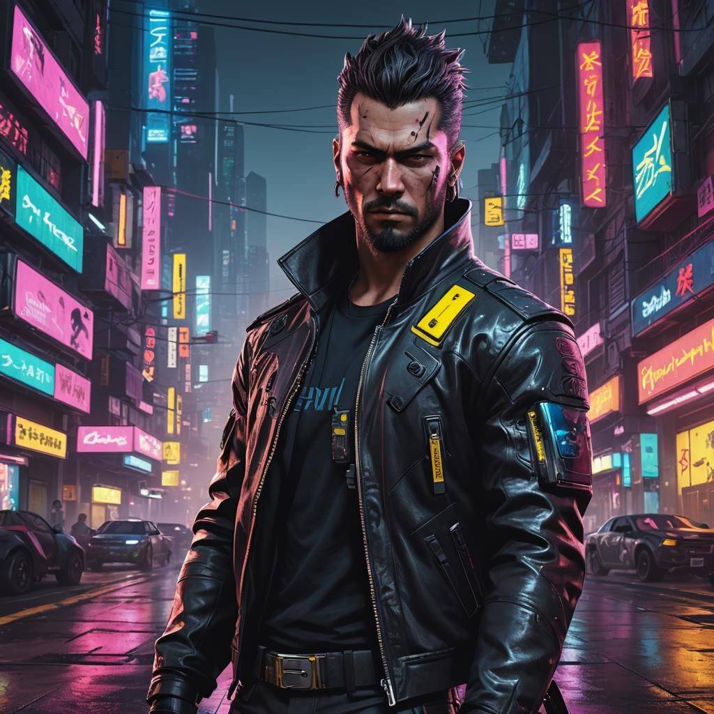 Cyberpunk Street Samurai in Neon City Portrait