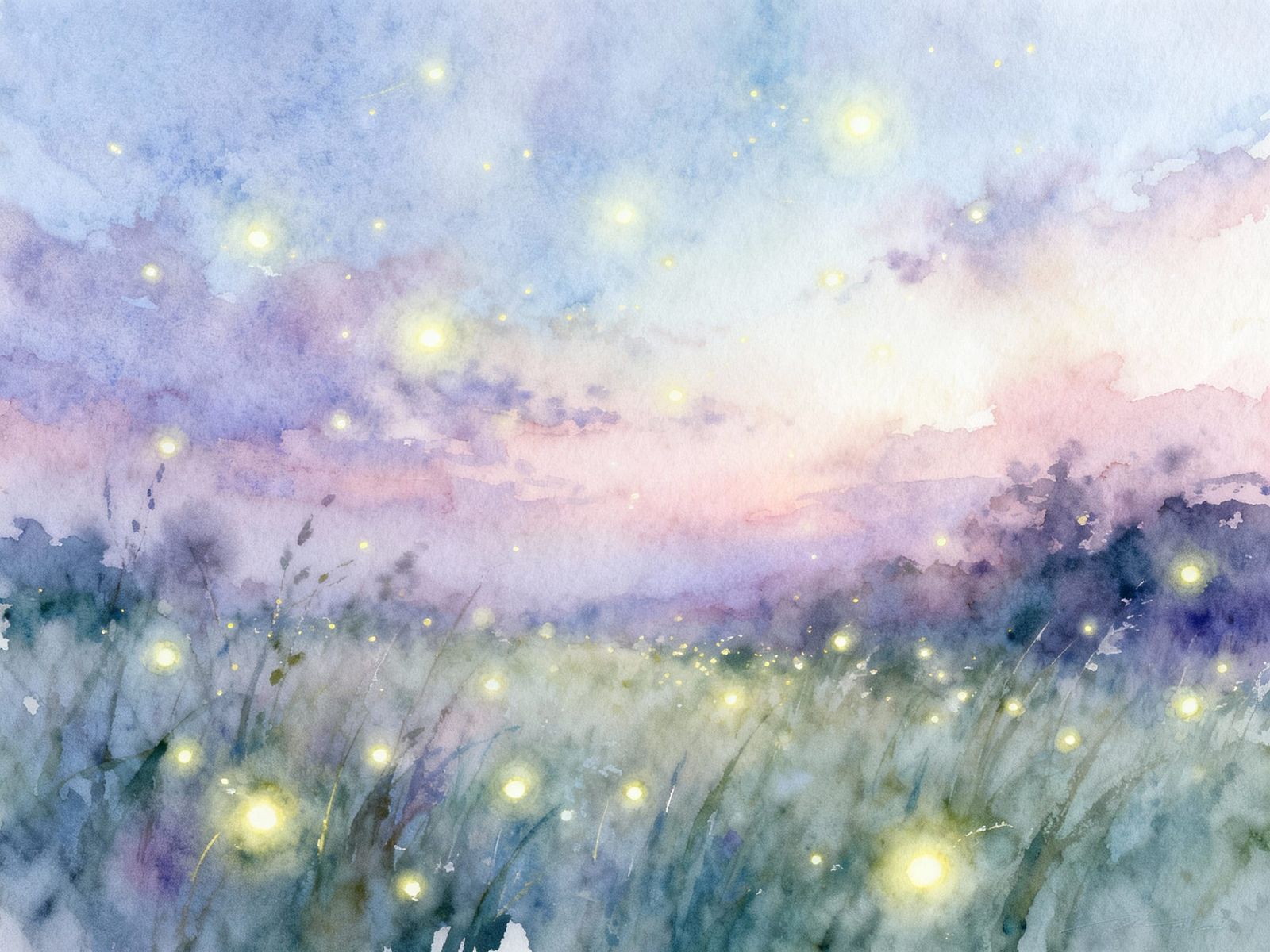 Ethereal Firefly Meadow in Pastel Watercolor