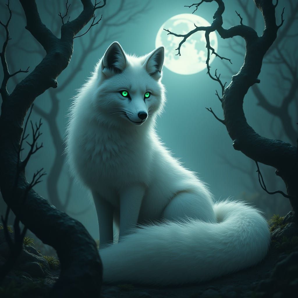 Ethereal White Fox in Dark Primeval Forest