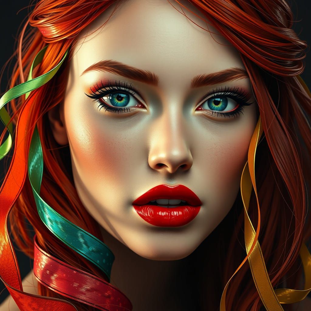 Enchanting Portrait of a Woman with Vibrant Ribbons in a Dre...