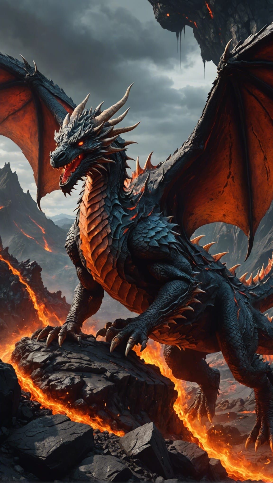Rock Dragon in Volcano: Detailed Fantasy Art