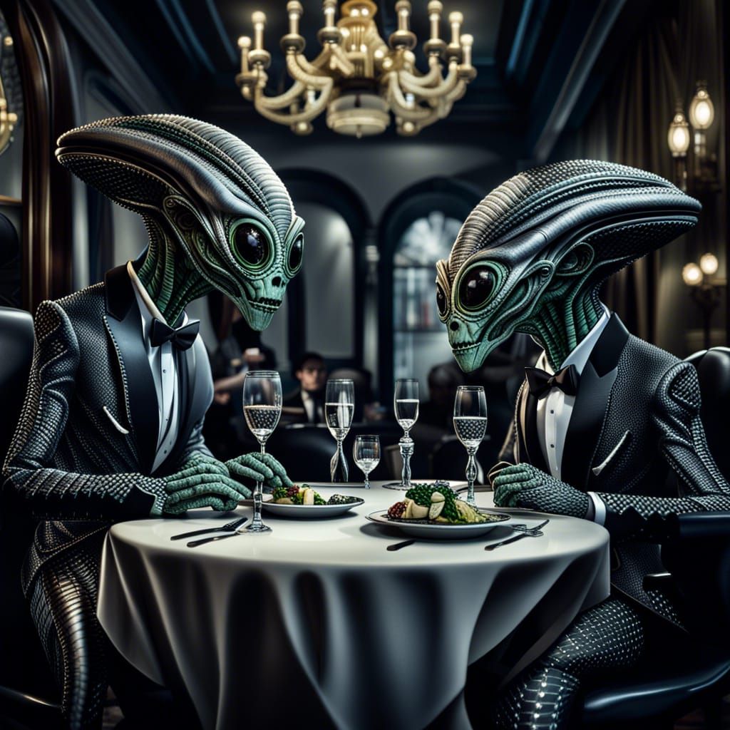 Aliens Fine Dining in a Fancy Restaurant