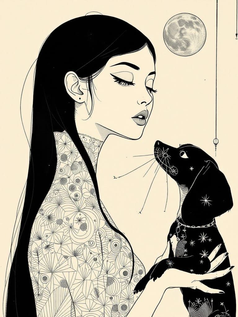 Art Nouveau Melancholy: Girl and Dog Reaching for Light