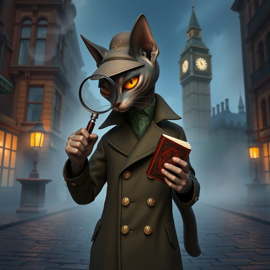 Victorian Cat Detective in Fog, Pointillist Style
