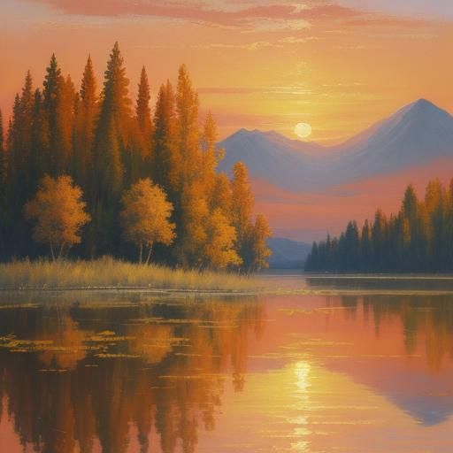Sunset Lake Landscape as Oil Painting