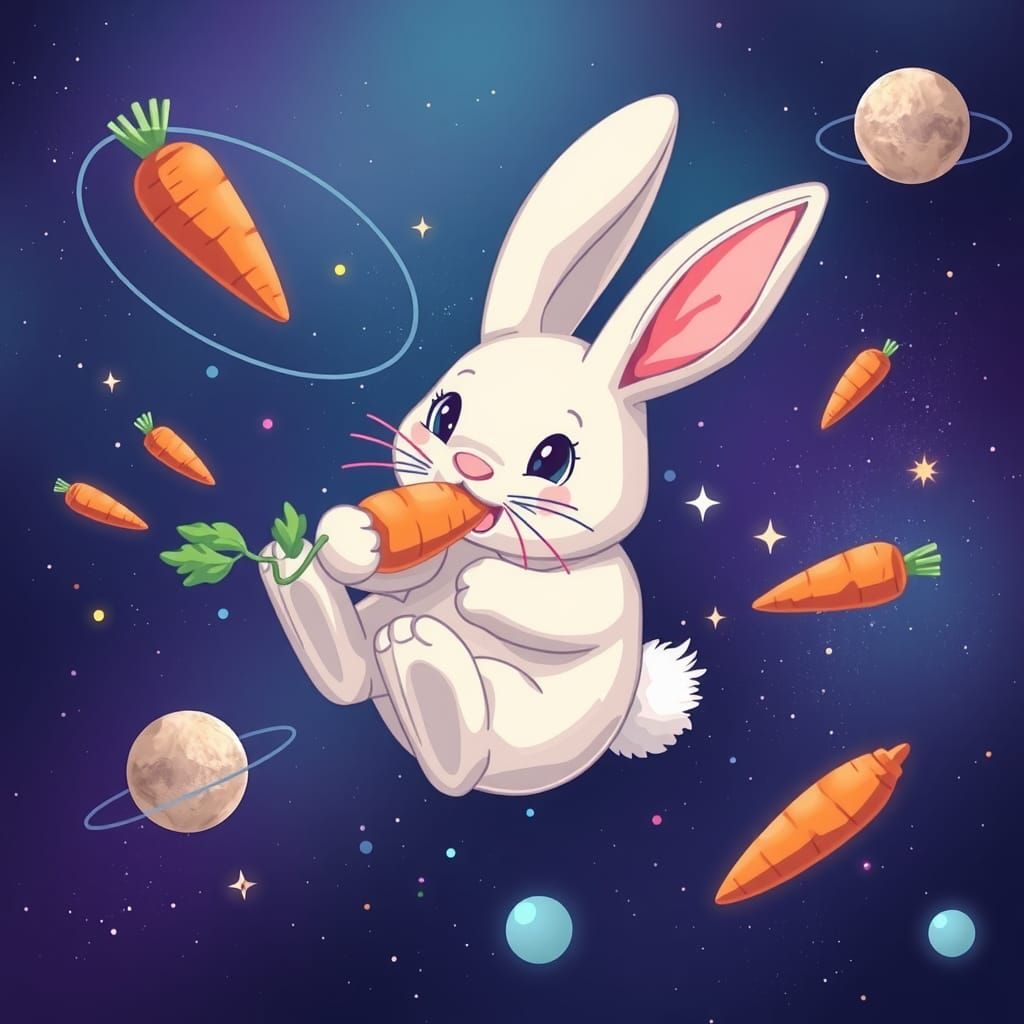 Bunny Floats in Space Eating Cosmic Carrots